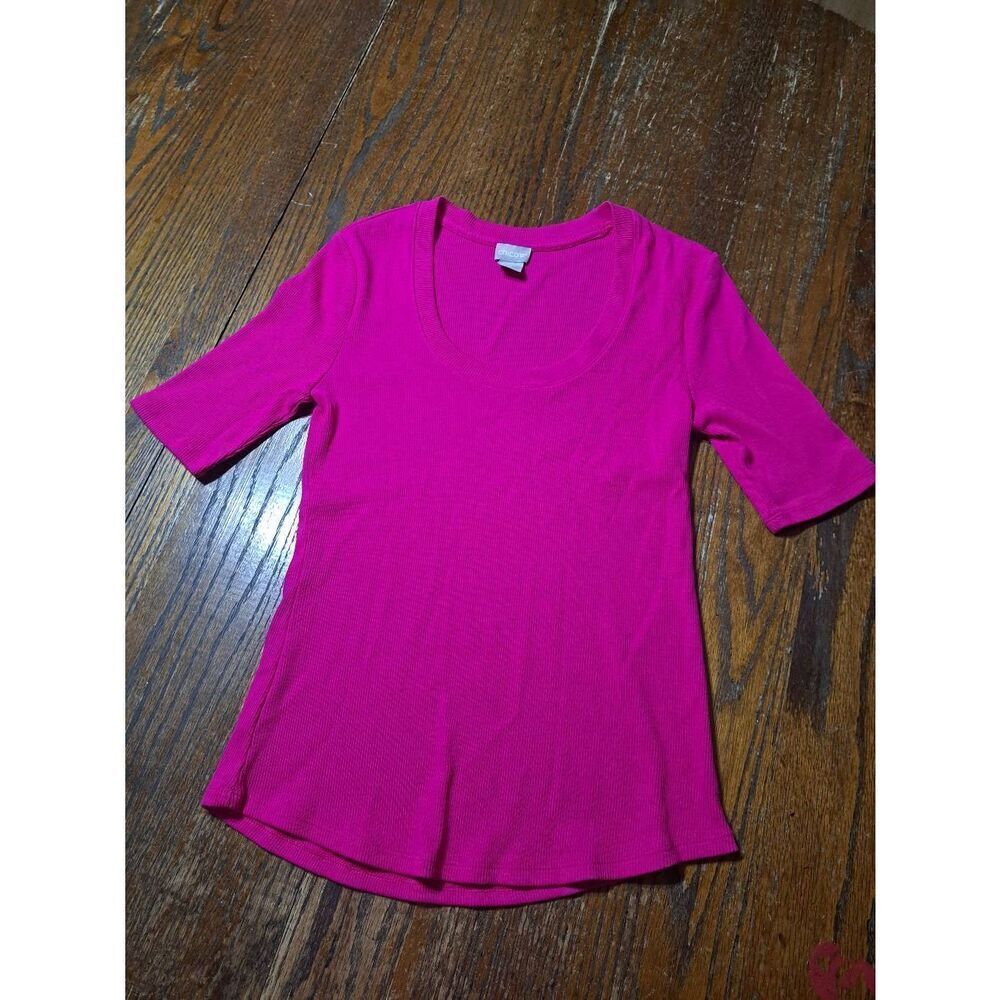 XS Chicos 00 Bright Pink Short Sleeve Scoop Neck Ribbed Pullover Shirt Top
